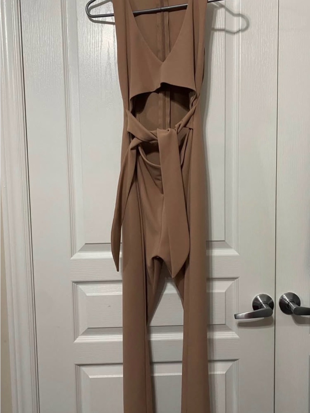 Sleeveless Taupe Cutout Jumpsuit with Waist Tie